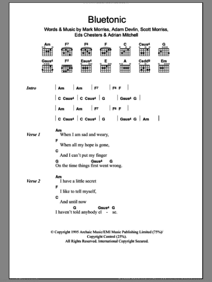 Bluetonic sheet music for guitar (chords) by The Bluetones, Adam Devlin, Adrian Mitchell, Eds Chesters, Mark Morriss and Scott Morriss, intermediate skill level