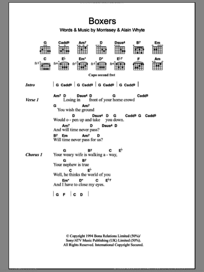 Boxers sheet music for guitar (chords) by Steven Morrissey and Alain Whyte, intermediate skill level