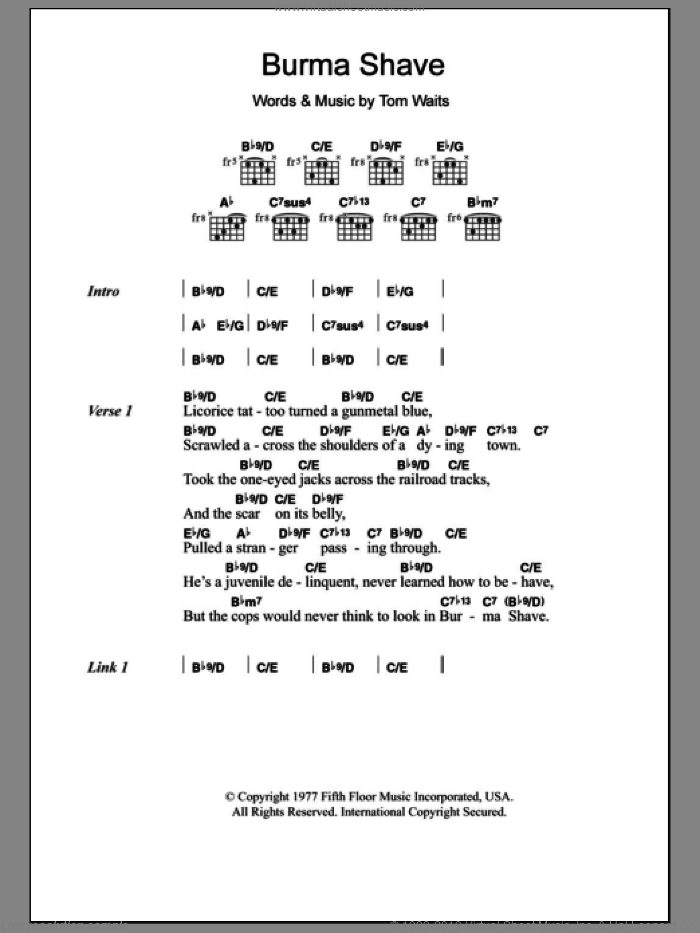 Burma Shave sheet music for guitar (chords) by Tom Waits, intermediate skill level