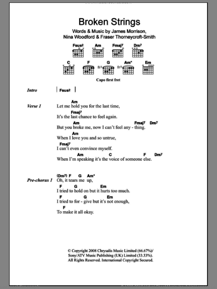 Broken Strings sheet music for guitar (chords) by James Morrison, Fraser Thorneycroft-Smith and Nina Woodford, intermediate skill level