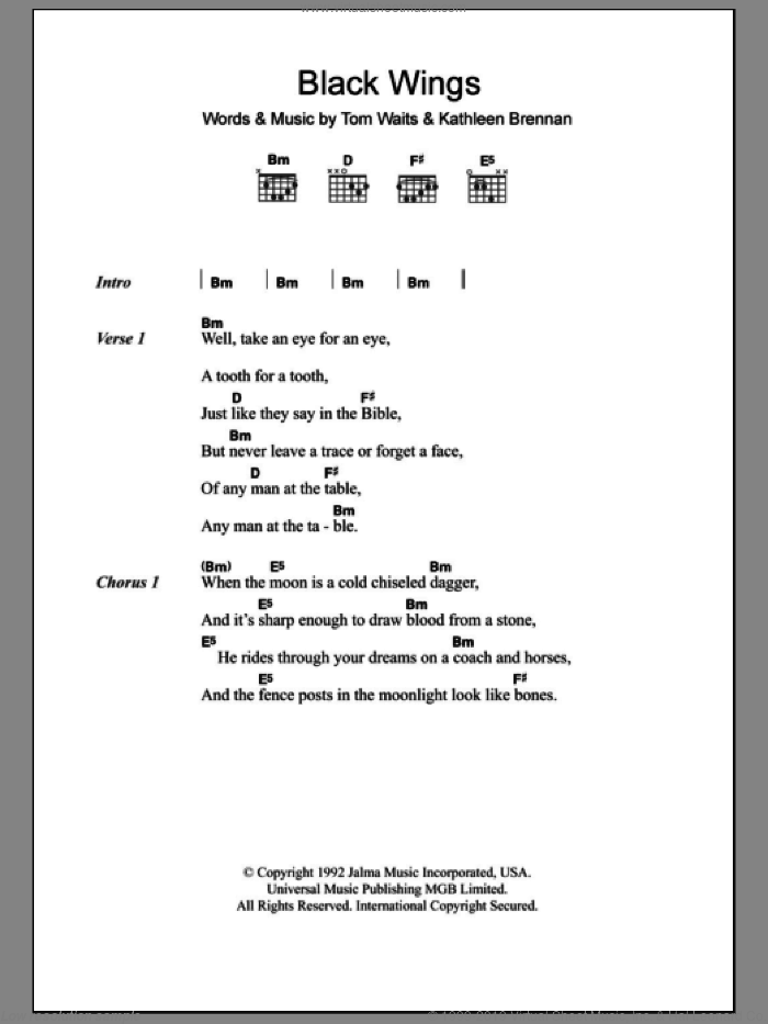 Black Wings sheet music for guitar (chords) by Tom Waits and Kathleen Brennan, intermediate skill level