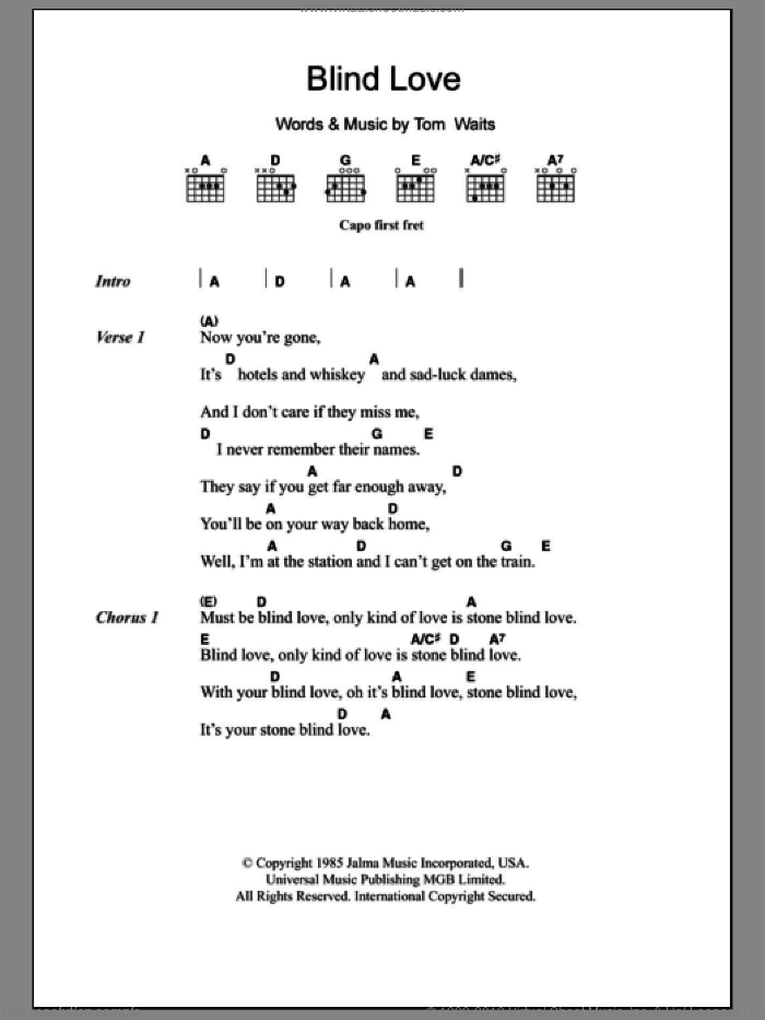 Blind Love sheet music for guitar (chords) by Tom Waits, intermediate skill level