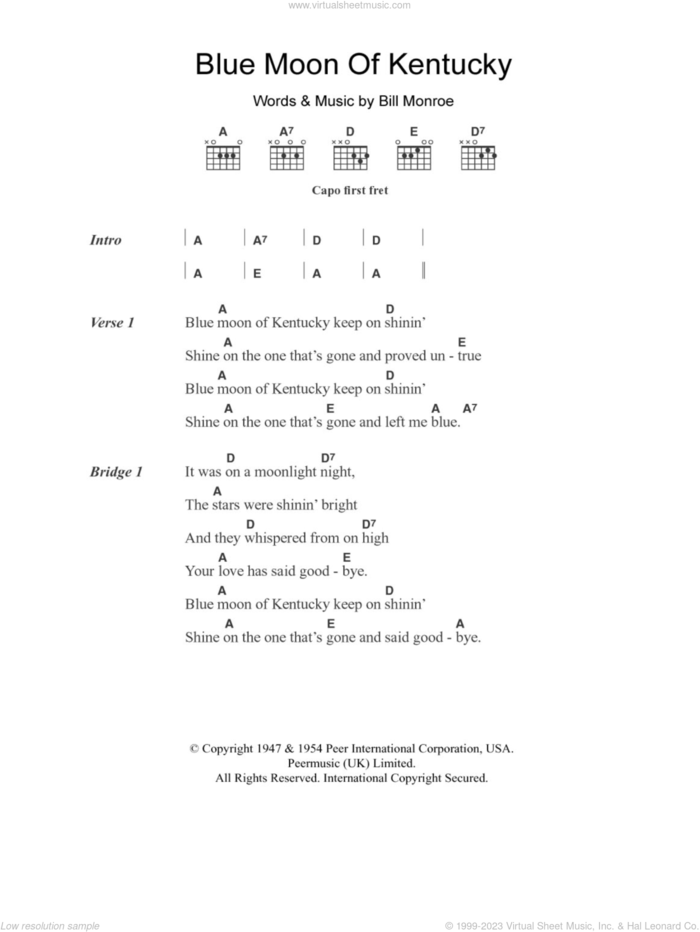Blue Moon Of Kentucky sheet music for guitar (chords) by Patsy Cline and Bill Monroe, intermediate skill level