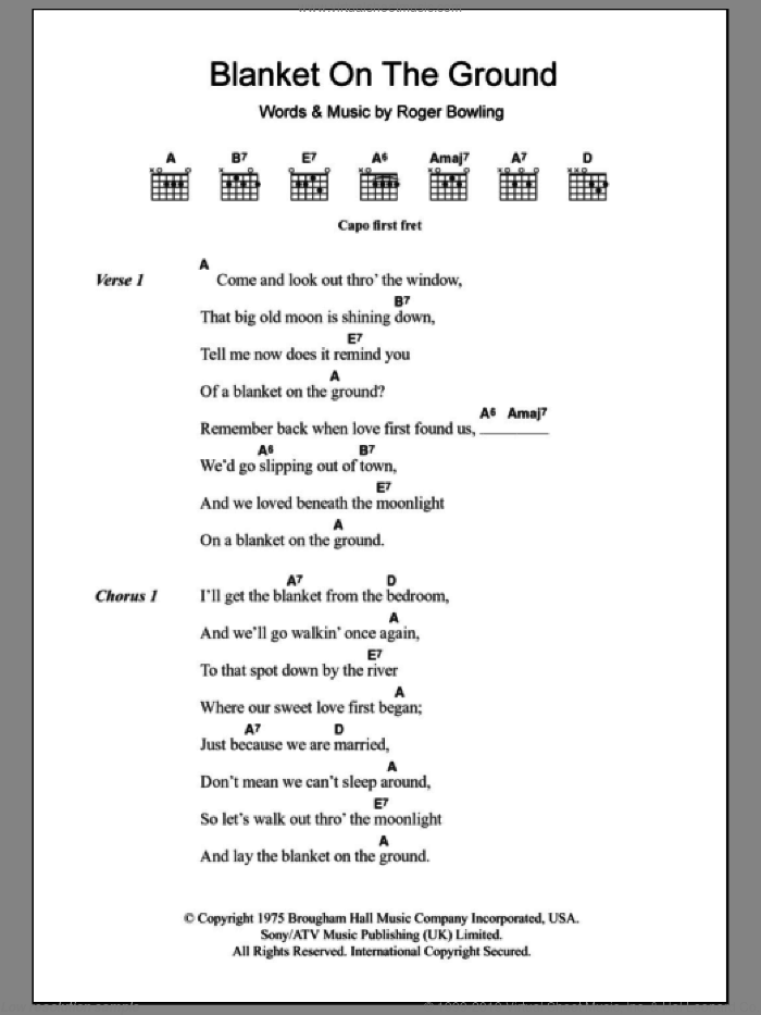 Blanket On The Ground sheet music for guitar (chords) by Billie Jo Spears and Roger Bowling, intermediate skill level