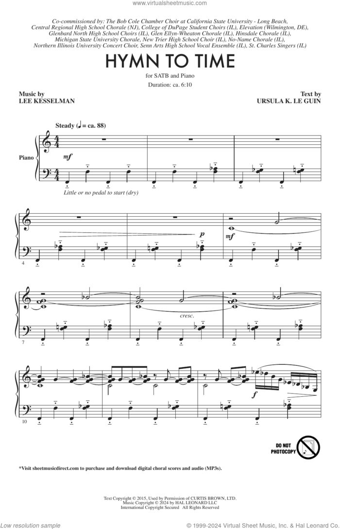 Hymn To Time sheet music for choir (SATB: soprano, alto, tenor, bass) by Lee R. Kesselman and Ursula K. Le Guin, intermediate skill level