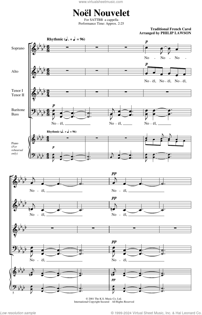 Noel Nouvelet (arr. Philip Lawson) sheet music for choir (SATTBB)  and Philip Lawson, intermediate skill level