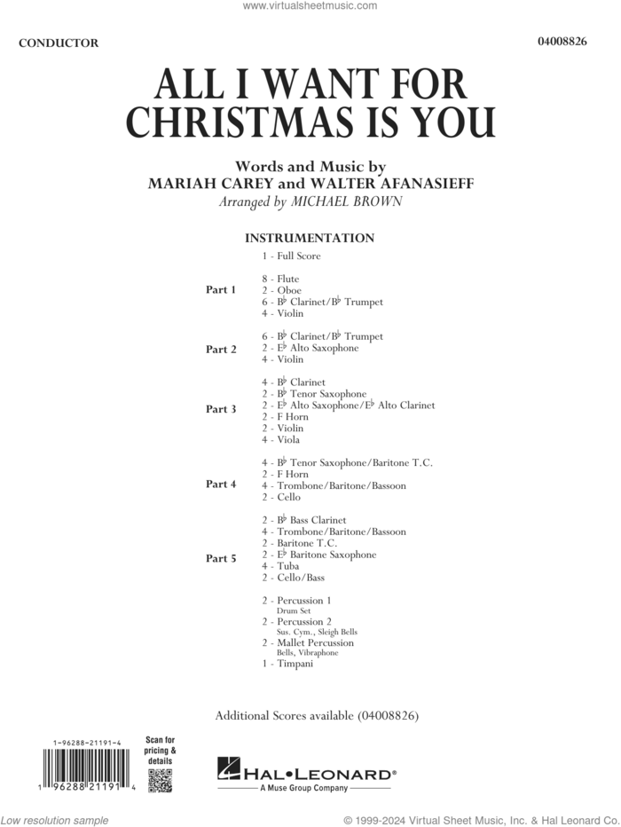 All I Want For Christmas Is You (arr. Michael Brown) (COMPLETE) sheet music for concert band by Michael Brown, Mariah Carey and Walter Afanasieff, intermediate skill level
