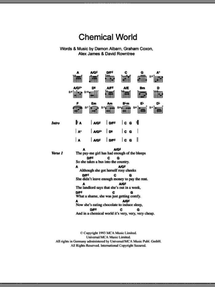 Chemical World sheet music for guitar (chords) by Blur, Alex James, Damon Albarn, David Rowntree and Graham Coxon, intermediate skill level