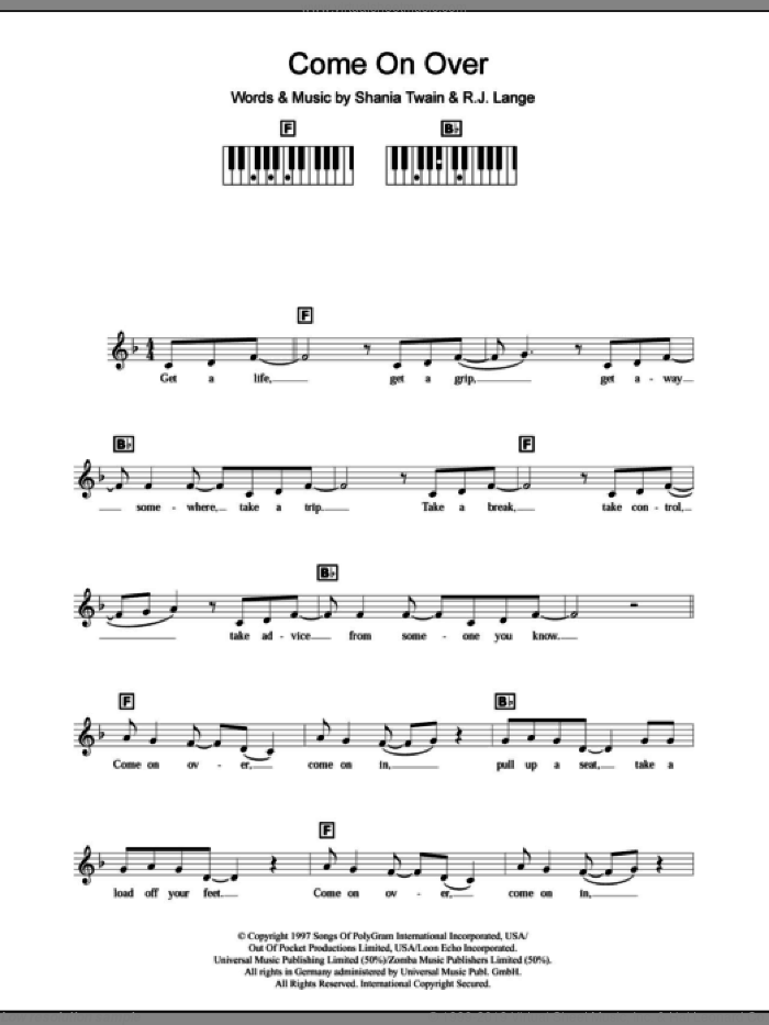 Come On Over sheet music for piano solo (chords, lyrics, melody) by Shania Twain and Robert John Lange, intermediate piano (chords, lyrics, melody)