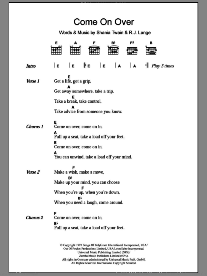 Come On Over sheet music for guitar (chords) by Shania Twain and Robert John Lange, intermediate skill level