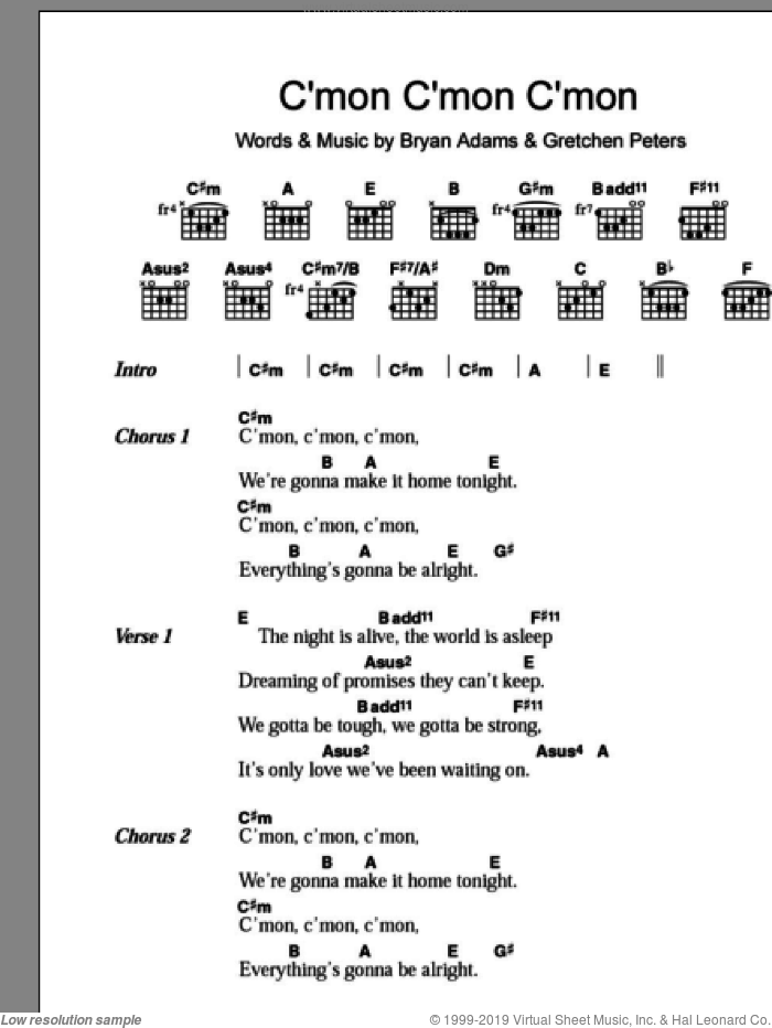 C'mon C'mon C'mon sheet music for guitar (chords) by Bryan Adams and Gretchen Peters, intermediate skill level
