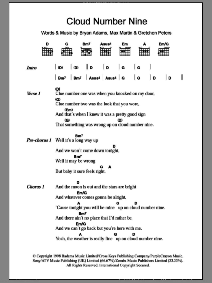 Cloud Number Nine sheet music for guitar (chords) by Bryan Adams, Gretchen Peters and Max Martin, intermediate skill level