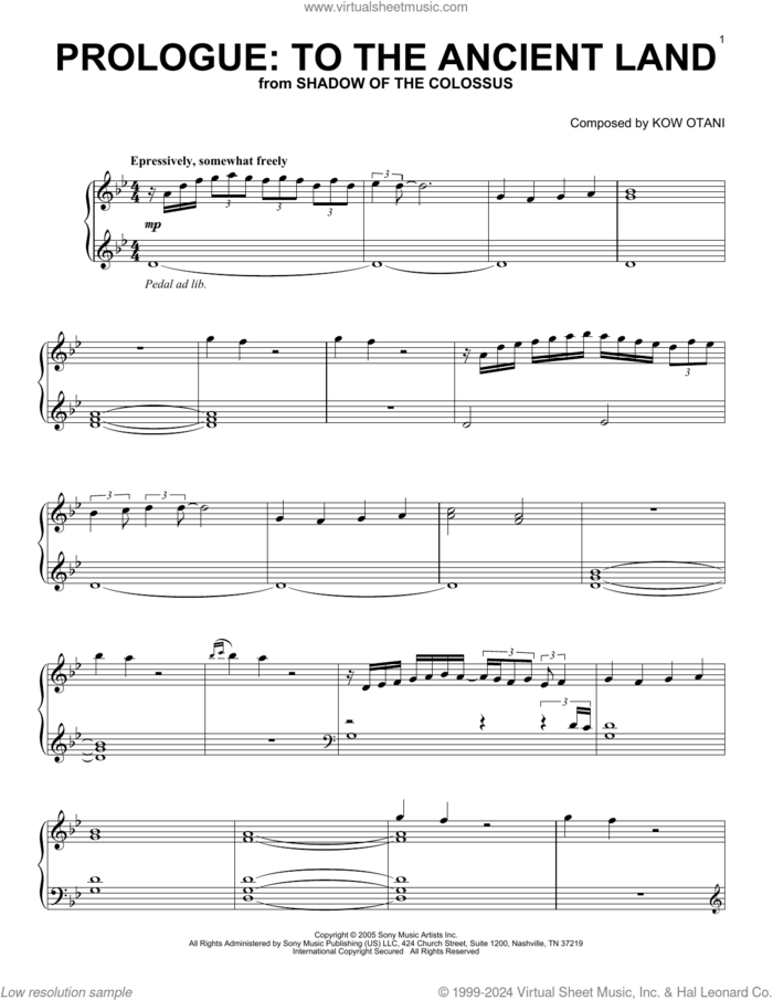 Prologue: To The Ancient Land (from Shadow Of The Colossus) sheet music for piano solo by Kow Otani, intermediate skill level