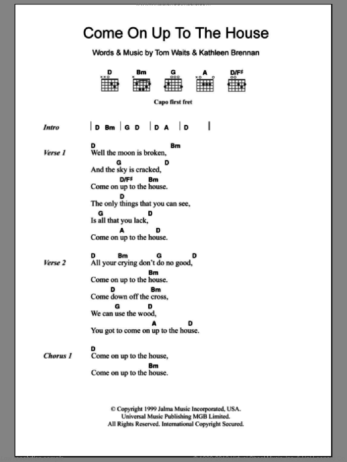 Come On Up To The House sheet music for guitar (chords) by Tom Waits and Kathleen Brennan, intermediate skill level