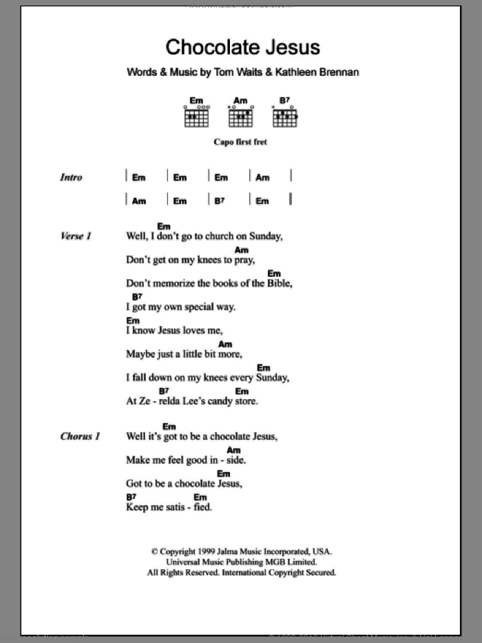 Chocolate Jesus sheet music for guitar (chords) by Tom Waits and Kathleen Brennan, intermediate skill level
