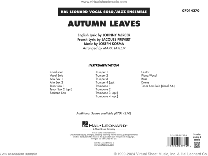 Autumn Leaves (Key: C minor) (arr. Mark Taylor) (COMPLETE) sheet music for jazz band by Johnny Mercer, Jacques Prevert, Joseph Kosma and Mark Taylor, intermediate skill level