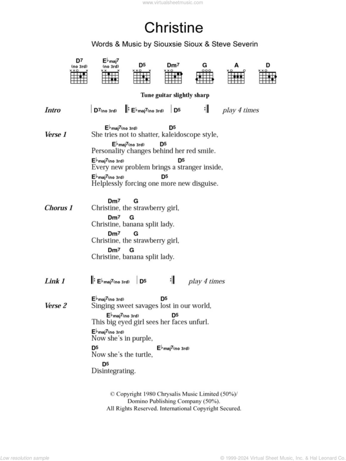 Christine sheet music for guitar (chords) by Siouxsie & The Banshees, Siouxsie Sioux and Steve Severin, intermediate skill level