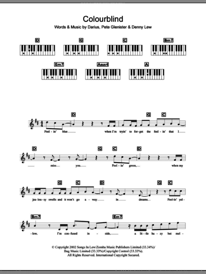 Colourblind sheet music for piano solo (chords, lyrics, melody) by Darius, Denny Lew and Pete Glenister, intermediate piano (chords, lyrics, melody)