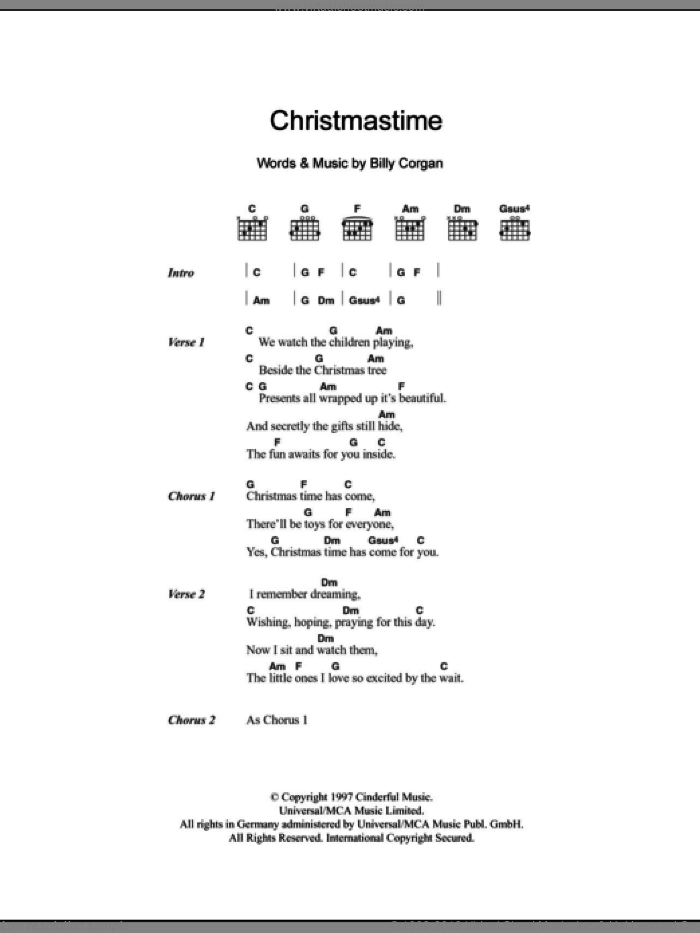 Christmastime sheet music for guitar (chords) by The Smashing Pumpkins and Billy Corgan, intermediate skill level