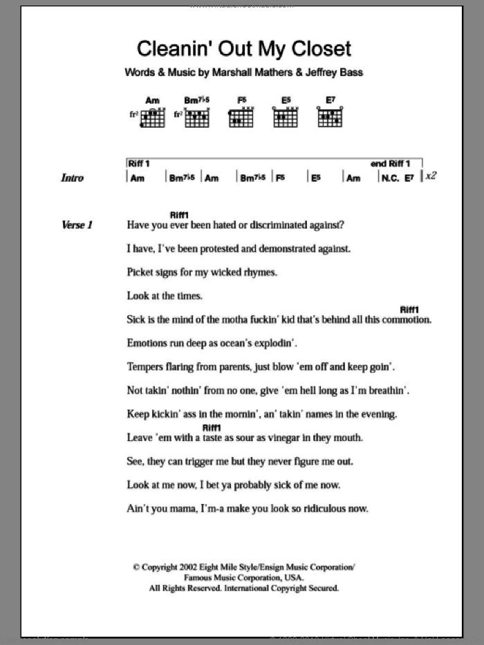 Cleanin' Out My Closet sheet music for guitar (chords) by Eminem, Jeffrey Bass and Marshall Mathers, intermediate skill level