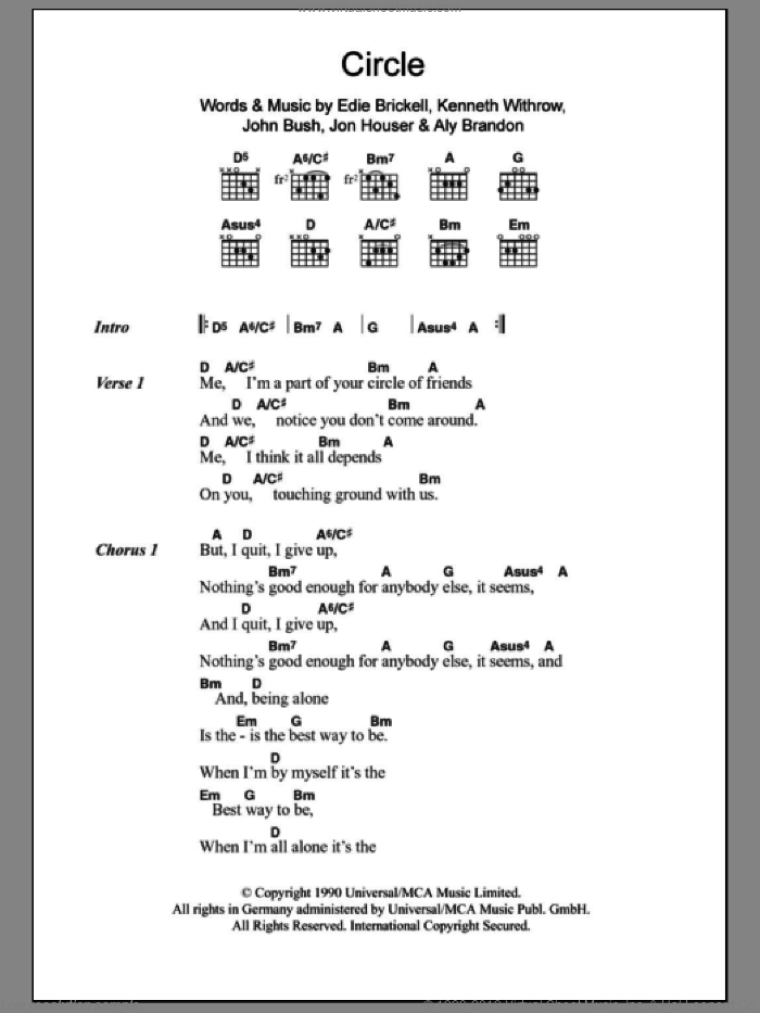 Circle sheet music for guitar (chords) by Edie Brickell, Aly Brandon, John Bush, Jon Houser and Kenneth Withrow, intermediate skill level