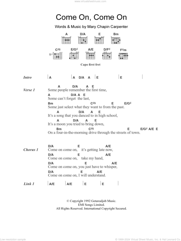 Come On Come On sheet music for guitar (chords) by Mary Chapin Carpenter, intermediate skill level