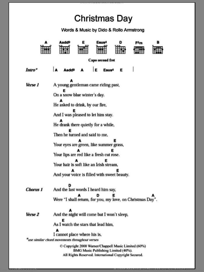 Christmas Day sheet music for guitar (chords) by Dido Armstrong and Rollo Armstrong, intermediate skill level