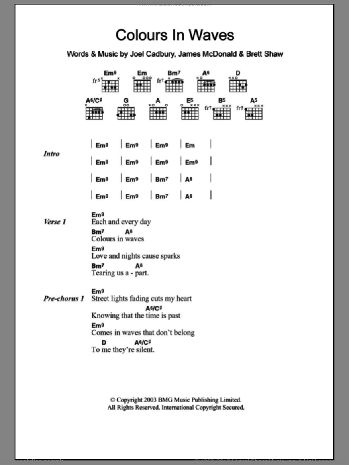 Colours In Waves sheet music for guitar (chords) by South, Brett Shaw, James McDonald and Joel Cadbury, intermediate skill level