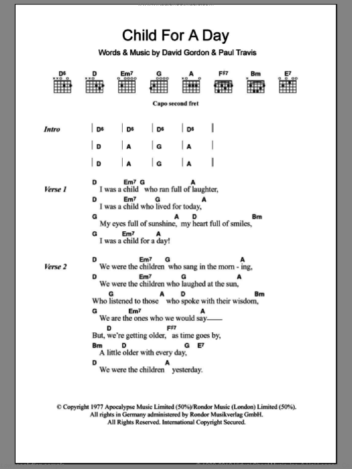 Child For A Day sheet music for guitar (chords) by Cat Stevens, David Gordon and Paul Travis, intermediate skill level