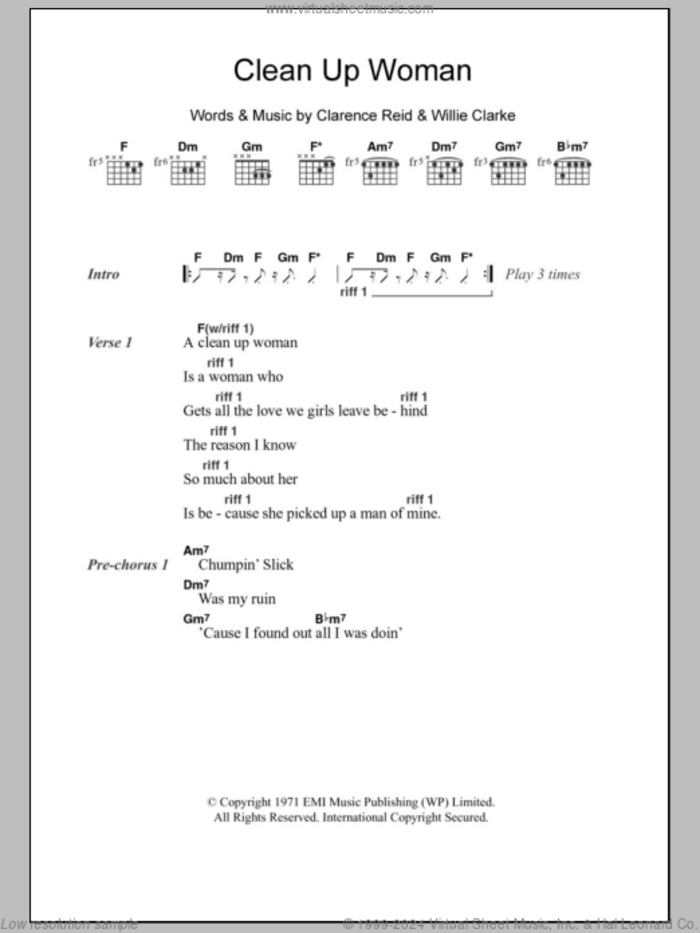 Clean Up Woman sheet music for guitar (chords) by Betty Wright, Clarence Reid and Willie Clarke, intermediate skill level