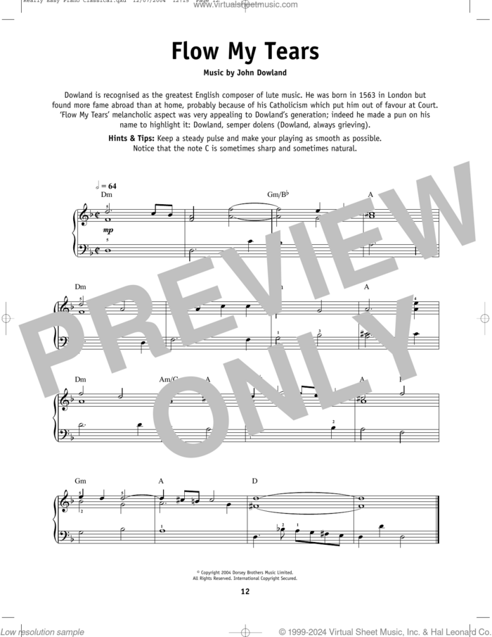 Flow My Tears sheet music for piano solo by John Dowland, beginner skill level