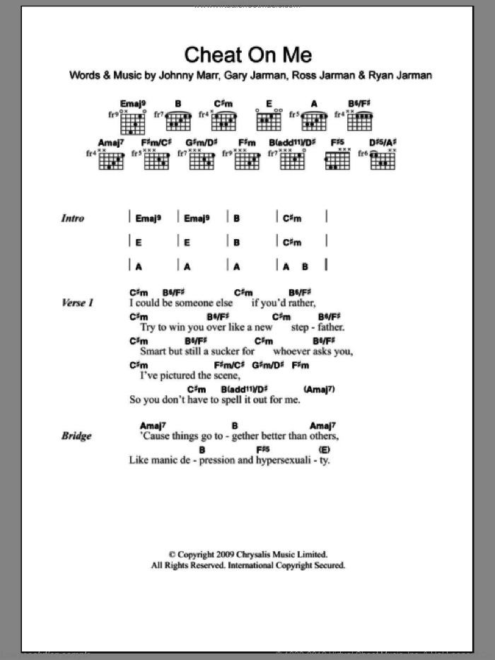 Cheat On Me sheet music for guitar (chords) by The Cribs, Gary Jarman, Johnny Marr, Ross Jarman and Ryan Jarman, intermediate skill level