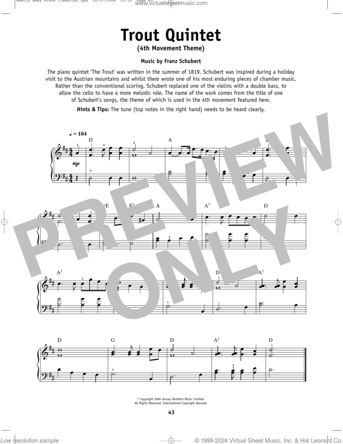 The Trout sheet music for piano solo by Franz Schubert, classical score, beginner skill level