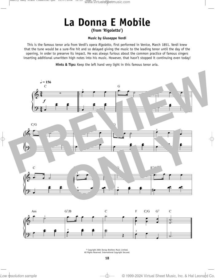 La Donna E Mobile sheet music for piano solo by Giuseppe Verdi, classical score, beginner skill level