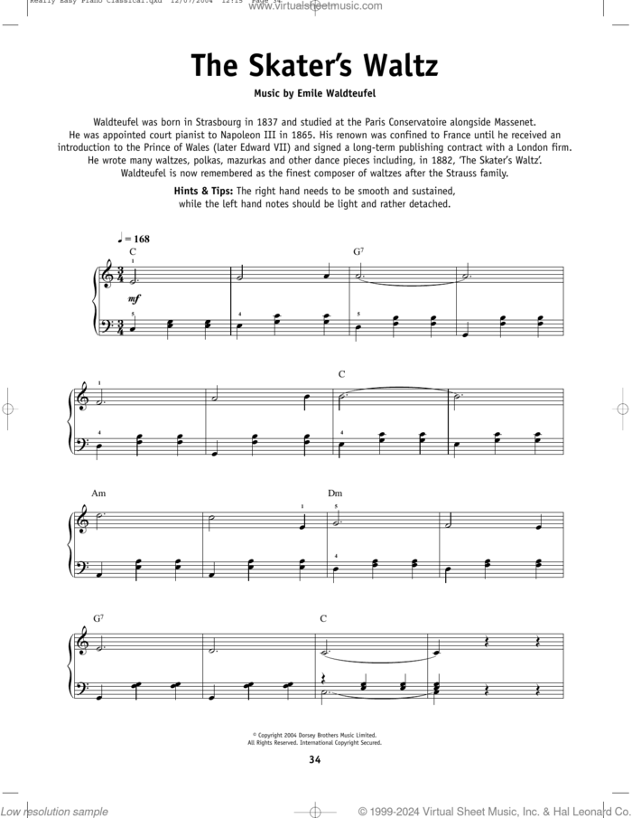 The Skaters (Waltz), (beginner) sheet music for piano solo by Emile Waldteufel, classical score, beginner skill level