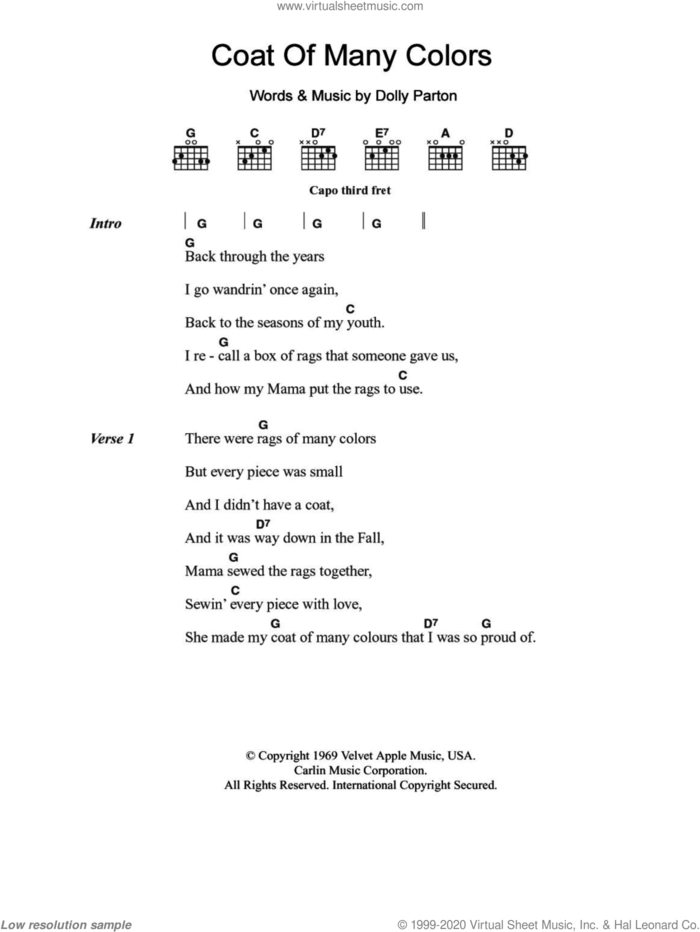 Coat Of Many Colors sheet music for guitar (chords) by Dolly Parton, intermediate skill level