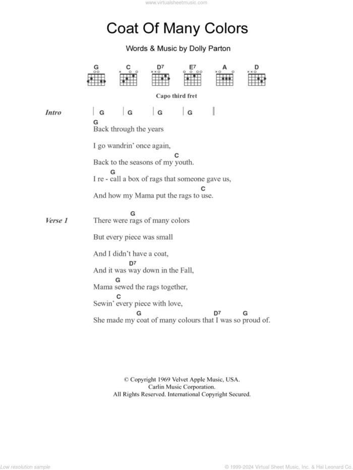 Coat Of Many Colors sheet music for guitar (chords) by Dolly Parton, intermediate skill level