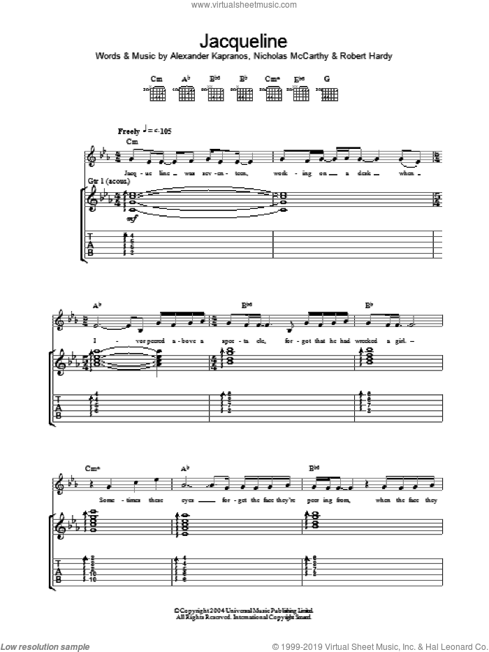 Jacqueline sheet music for guitar (tablature) by Alexander Kapranos, Franz Ferdinand, Nicholas McCarthy and Robert Hardy, intermediate skill level