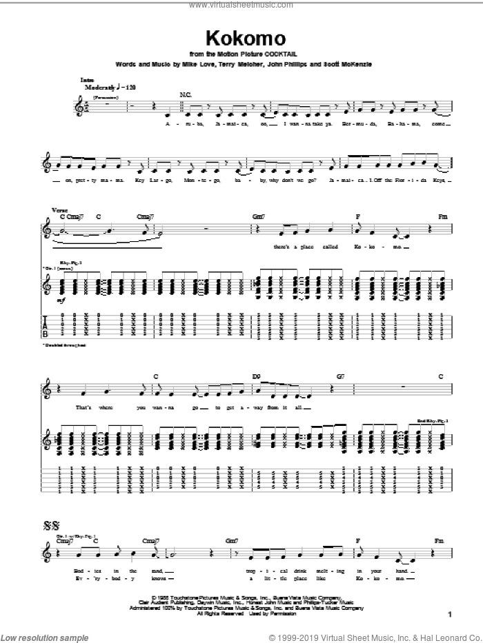 Kokomo sheet music for guitar (tablature) by The Beach Boys, John Phillips, Mike Love and Scott McKenzie, intermediate skill level