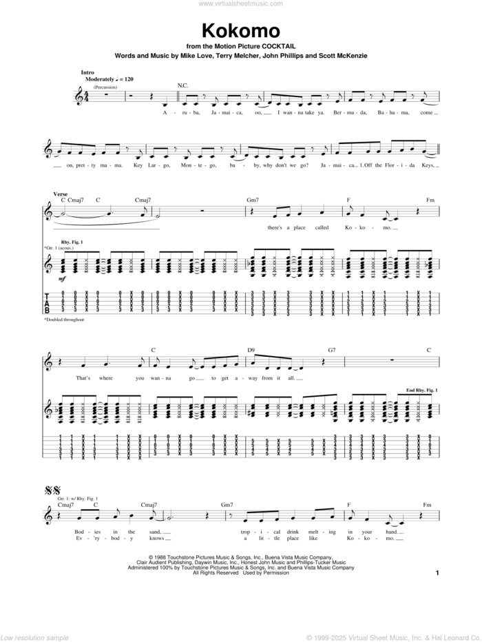 Kokomo sheet music for guitar (tablature) by The Beach Boys, John Phillips, Mike Love and Scott McKenzie, intermediate skill level