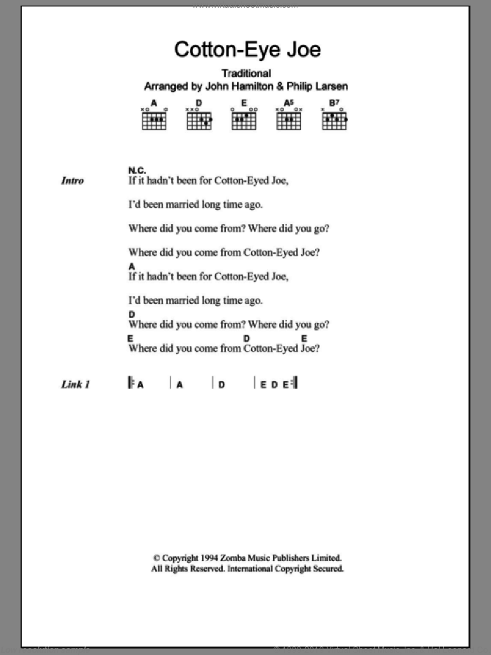 Cotton-Eye Joe sheet music for guitar (chords) by Rednex, John Hamilton, Philip Larsen and Miscellaneous, intermediate skill level