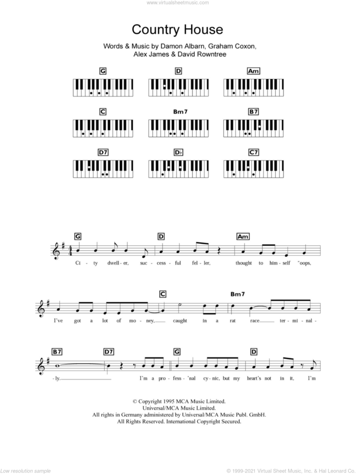 Country House sheet music for piano solo (chords, lyrics, melody) by Blur, Alex James, Damon Albarn, David Rowntree and Graham Coxon, intermediate piano (chords, lyrics, melody)