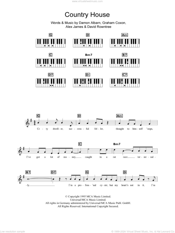 Country House sheet music for piano solo (chords, lyrics, melody) by Blur, Alex James, Damon Albarn, David Rowntree and Graham Coxon, intermediate piano (chords, lyrics, melody)