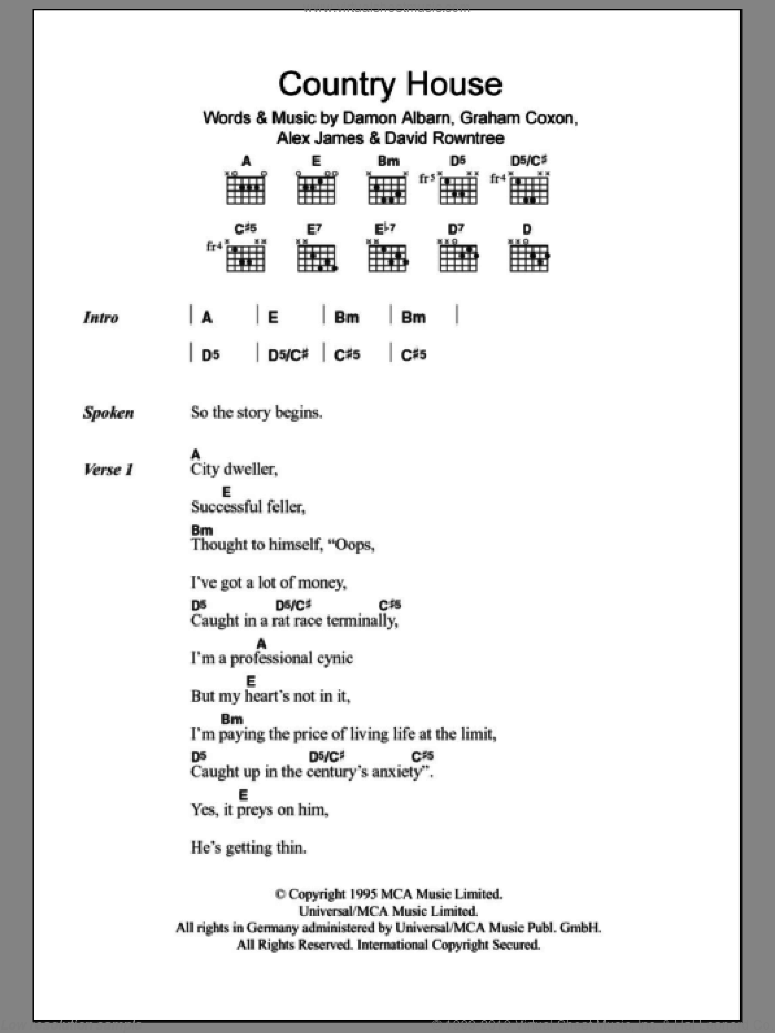 Country House sheet music for guitar (chords) by Blur, Alex James, Damon Albarn, David Rowntree and Graham Coxon, intermediate skill level