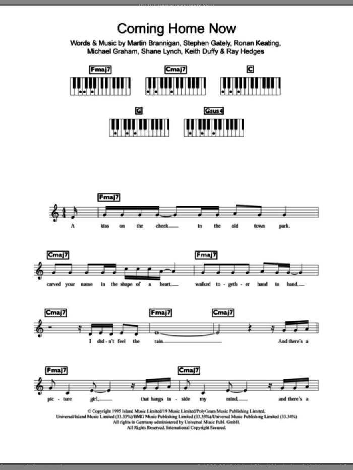 Coming Home Now sheet music for piano solo (chords, lyrics, melody) by Boyzone, Keith Duffy, Martin Brannigan, Michael Graham, Micheal Graham, Ray Hedges, Ronan Keating, Shane Lynch and Stephen Gately, intermediate piano (chords, lyrics, melody)