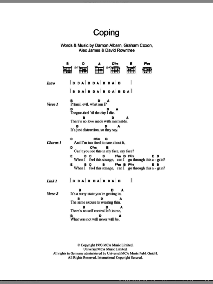 Coping sheet music for guitar (chords) by Blur, Alex James, Damon Albarn, David Rowntree and Graham Coxon, intermediate skill level
