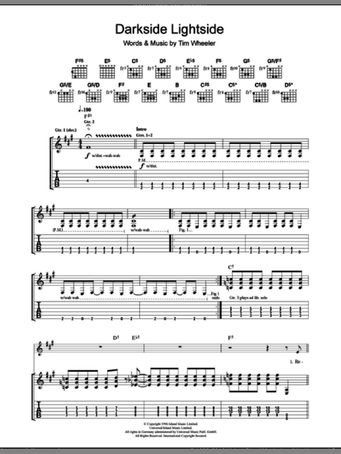 Darkside Lightside sheet music for guitar (tablature) by Tim Wheeler, intermediate skill level