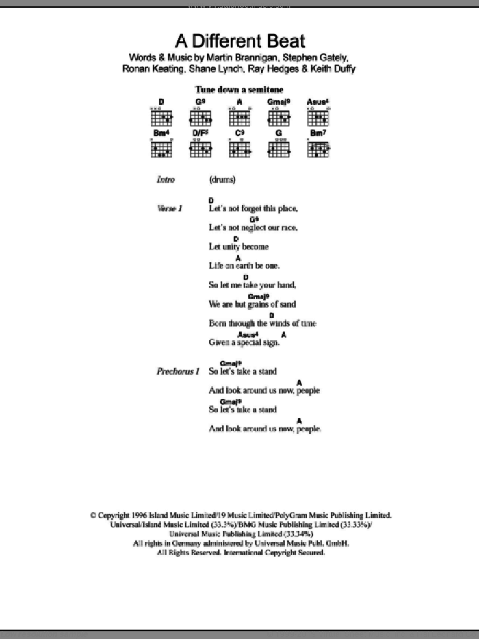 A Different Beat sheet music for guitar (chords) by Boyzone, Keith Duffy, Martin Brannigan, Ray Hedges, Ronan Keating, Shane Lynch and Stephen Gately, intermediate skill level