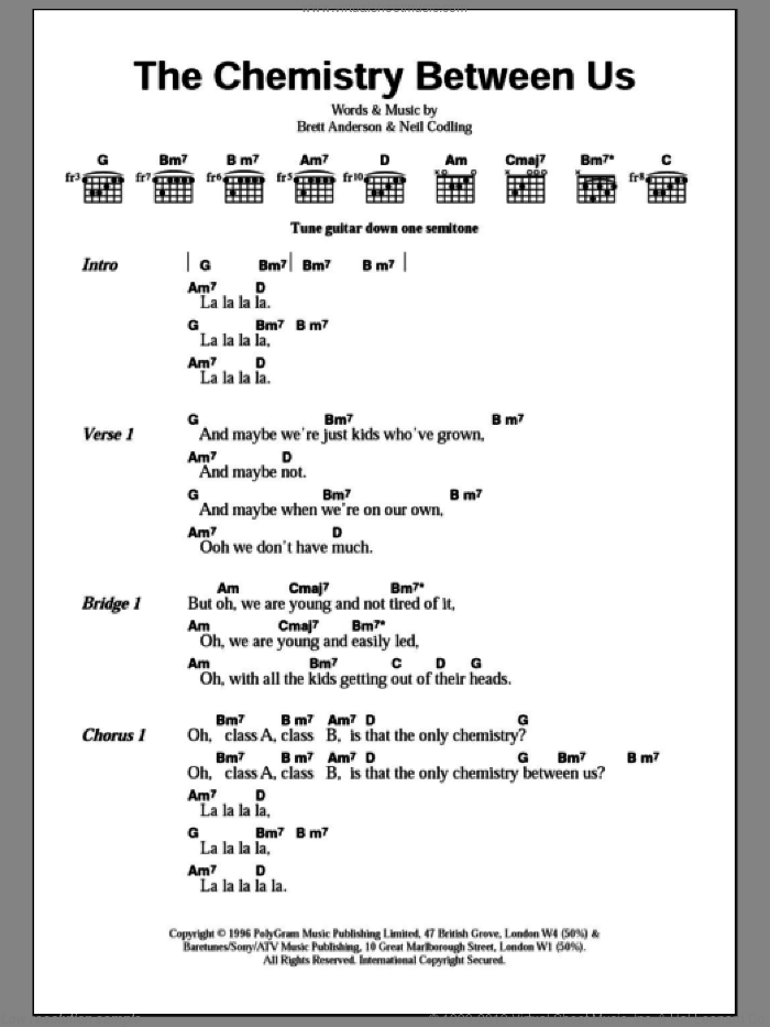 The Chemistry Between Us sheet music for guitar (chords) by Suede, Brett Anderson and Neil Codling, intermediate skill level