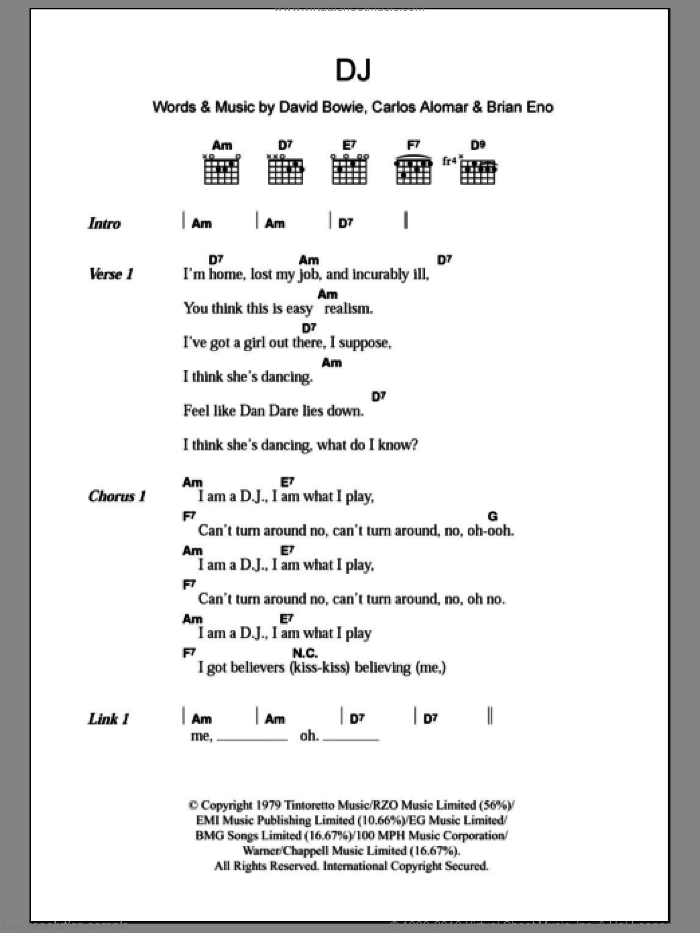 D.J. sheet music for guitar (chords) by David Bowie, Brian Eno and Carlos Alomar, intermediate skill level